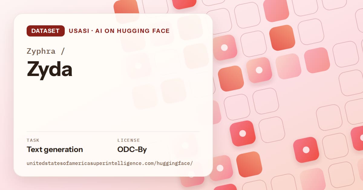 Generated coral rounded-tile grid artwork for the dataset Zyphra/Zyda, labeled USASI · AI on Hugging Face, with Task: Text generation · License: ODC-By.