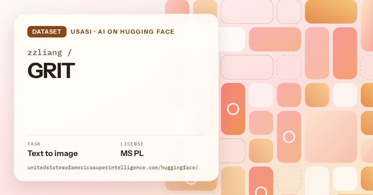 Generated orange tile-mosaic artwork for the dataset zzliang/GRIT, labeled USASI · AI on Hugging Face, with Task: Text to image · License: MS PL.