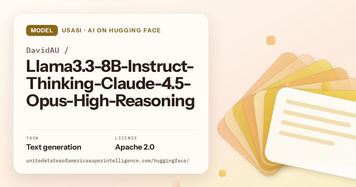 Generated amber layered-card artwork for the model DavidAU/Llama3.3-8B-Instruct-Thinking-Claude-4.5-Opus-High-Reasoning, labeled USASI · AI on Hugging Face, with Task: Text generation · License: Apache 2.0.