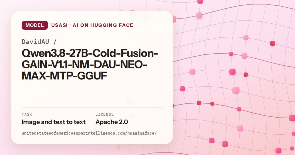 Generated rose wave-lattice artwork for the model DavidAU/Qwen3.8-27B-Cold-Fusion-GAIN-V1.1-NM-DAU-NEO-MAX-MTP-GGUF, labeled USASI · AI on Hugging Face, with Task: Image and text to text · License: Apache 2.0.