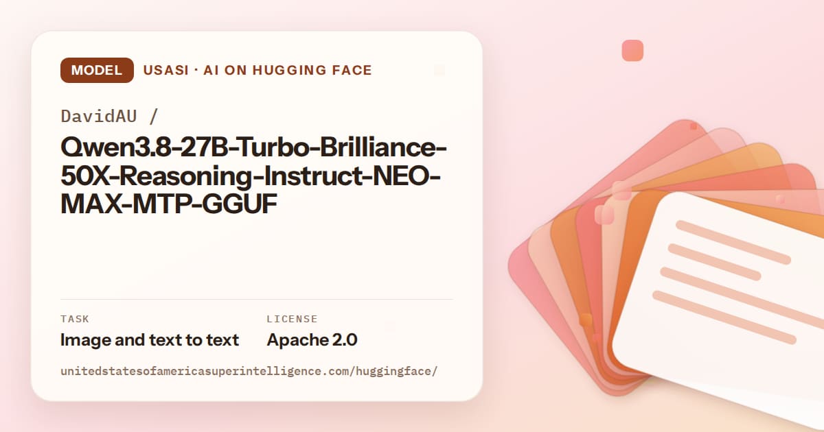 Generated tangerine layered-card artwork for the model DavidAU/Qwen3.8-27B-Turbo-Brilliance-50X-Reasoning-Instruct-NEO-MAX-MTP-GGUF, labeled USASI · AI on Hugging Face, with Task: Image and text to text · License: Apache 2.0.