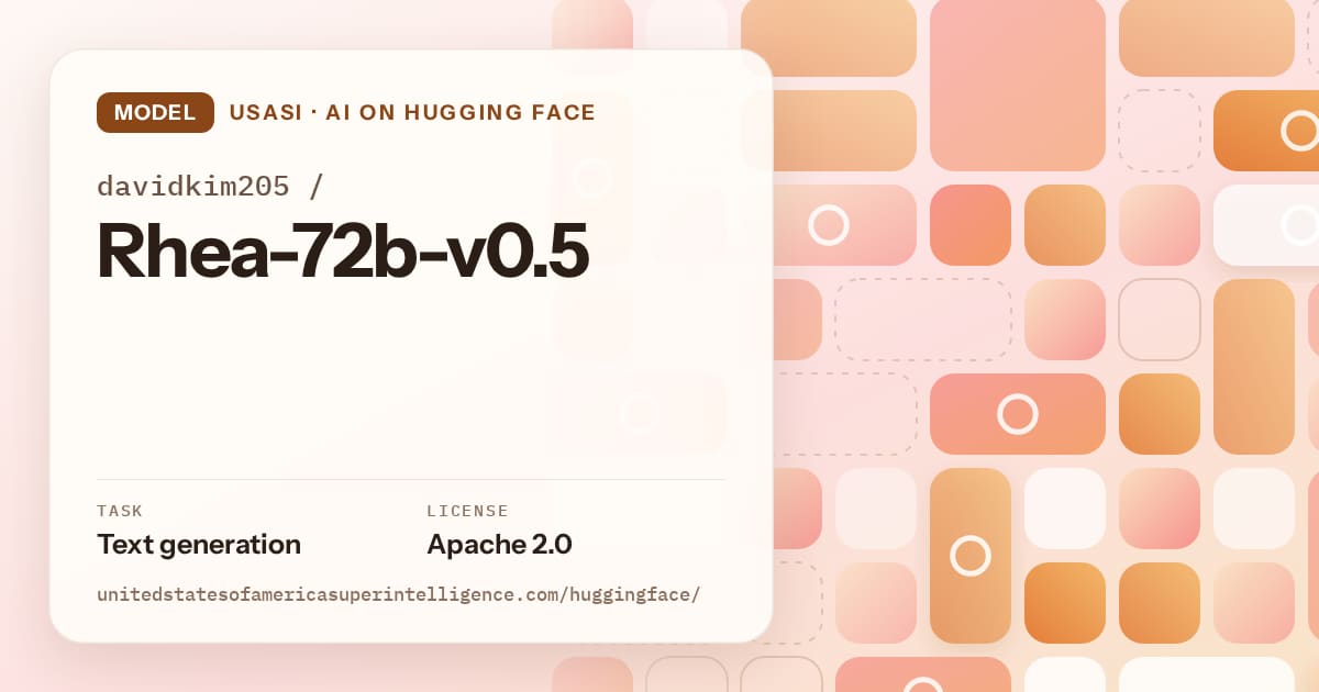 Generated orange tile-mosaic artwork for the model davidkim205/Rhea-72b-v0.5, labeled USASI · AI on Hugging Face, with Task: Text generation · License: Apache 2.0.