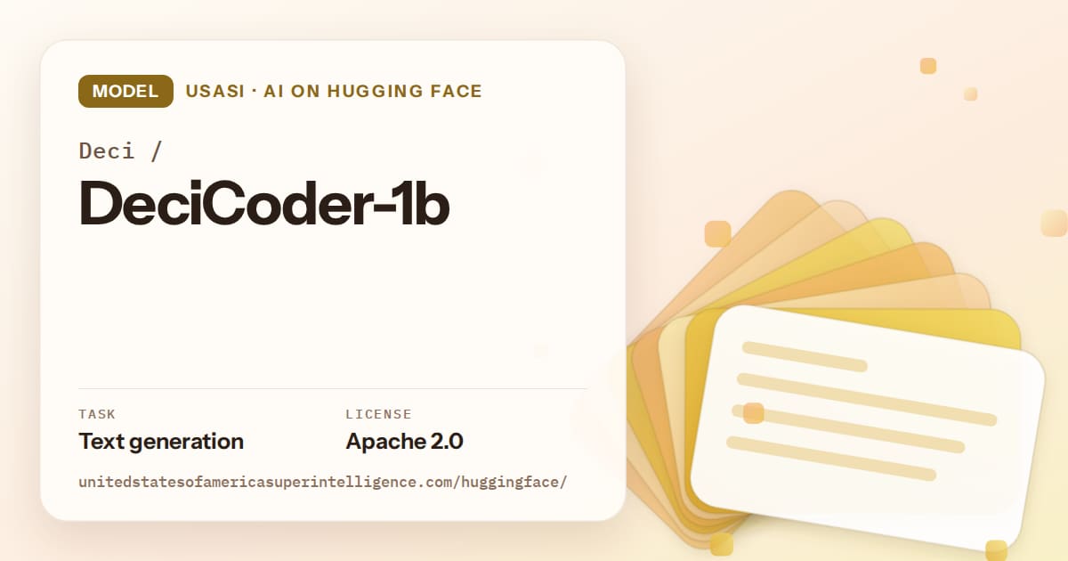 Generated amber layered-card artwork for the model Deci/DeciCoder-1b, labeled USASI · AI on Hugging Face, with Task: Text generation · License: Apache 2.0.