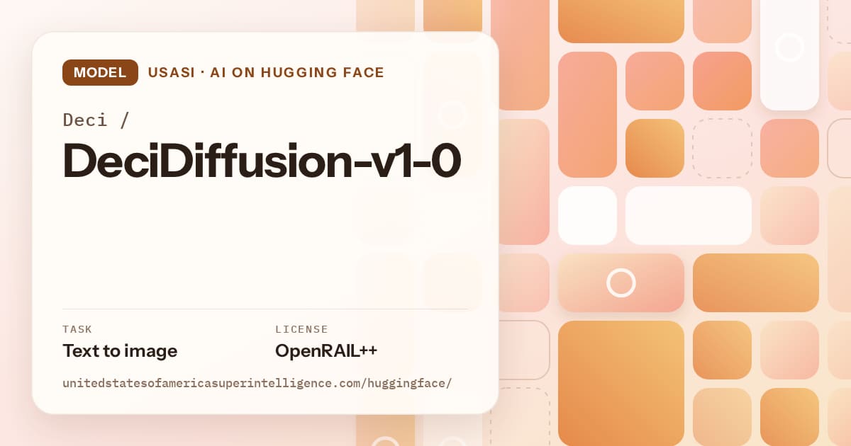 Generated orange tile-mosaic artwork for the model Deci/DeciDiffusion-v1-0, labeled USASI · AI on Hugging Face, with Task: Text to image · License: OpenRAIL++.