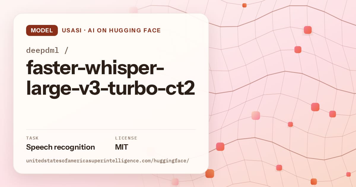 Generated tangerine wave-lattice artwork for the model deepdml/faster-whisper-large-v3-turbo-ct2, labeled USASI · AI on Hugging Face, with Task: Speech recognition · License: MIT.
