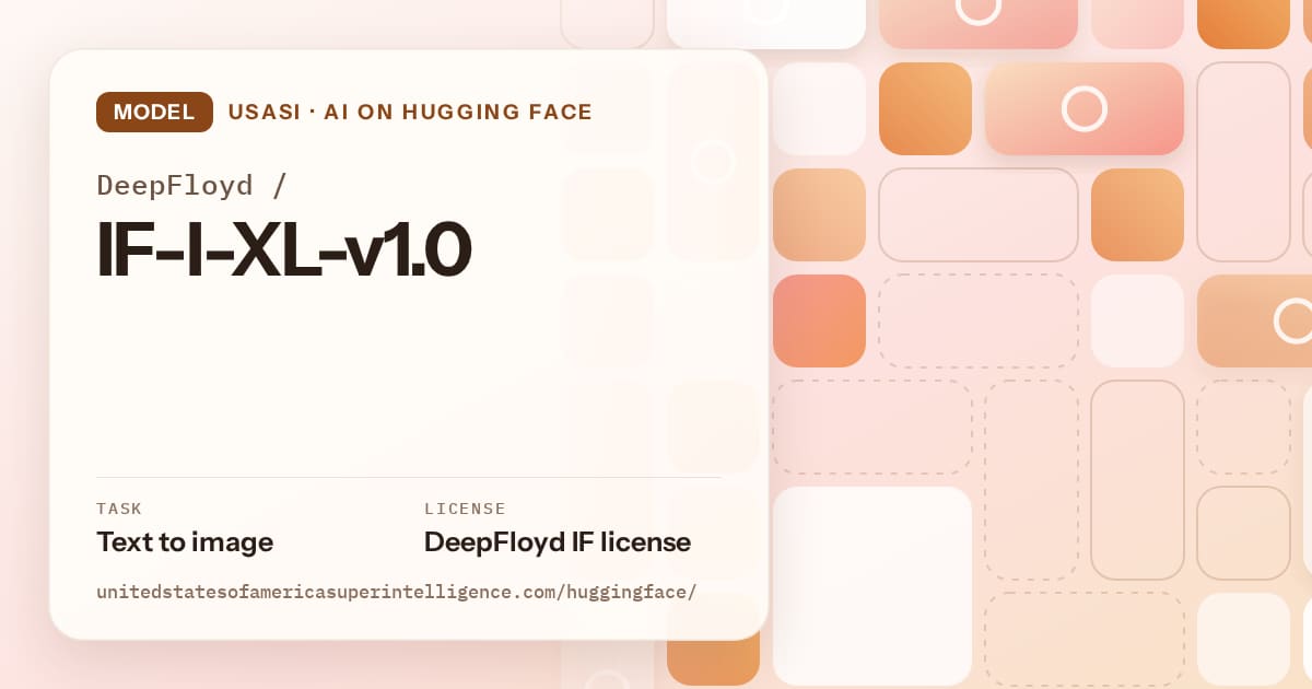 Generated orange tile-mosaic artwork for the model DeepFloyd/IF-I-XL-v1.0, labeled USASI · AI on Hugging Face, with Task: Text to image · License: DeepFloyd IF license.