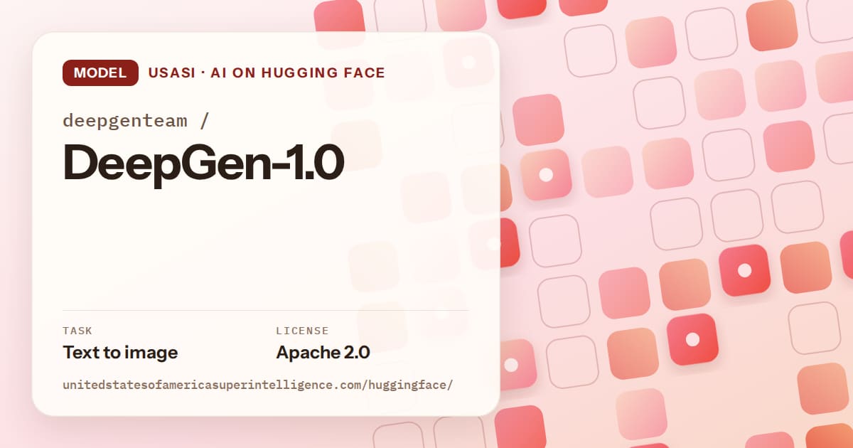 Generated coral rounded-tile grid artwork for the model deepgenteam/DeepGen-1.0, labeled USASI · AI on Hugging Face, with Task: Text to image · License: Apache 2.0.