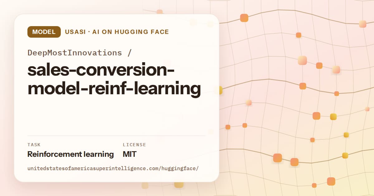 Generated amber wave-lattice artwork for the model DeepMostInnovations/sales-conversion-model-reinf-learning, labeled USASI · AI on Hugging Face, with Task: Reinforcement learning · License: MIT.