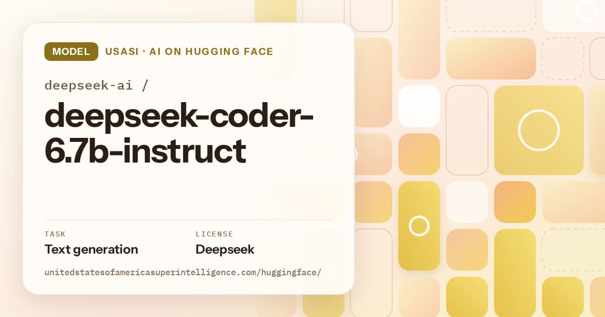 Generated gold tile-mosaic artwork for the model deepseek-ai/deepseek-coder-6.7b-instruct, labeled USASI · AI on Hugging Face, with Task: Text generation · License: Deepseek.