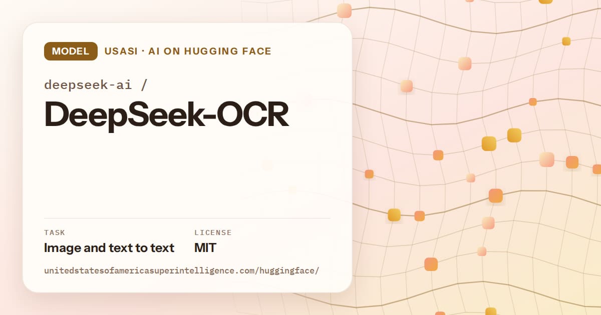 Generated amber wave-lattice artwork for the model deepseek-ai/DeepSeek-OCR, labeled USASI · AI on Hugging Face, with Task: Image and text to text · License: MIT.