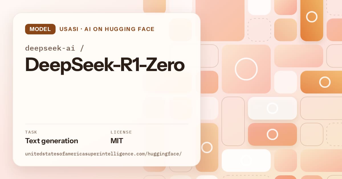 Generated orange tile-mosaic artwork for the model deepseek-ai/DeepSeek-R1-Zero, labeled USASI · AI on Hugging Face, with Task: Text generation · License: MIT.