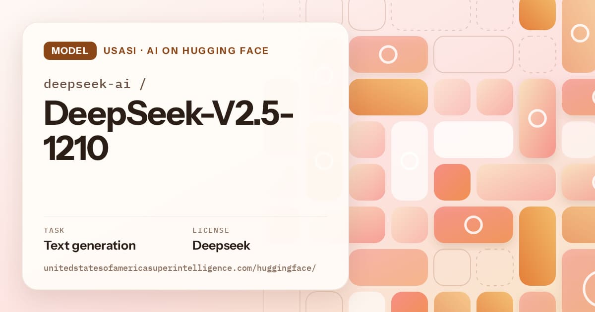 Generated orange tile-mosaic artwork for the model deepseek-ai/DeepSeek-V2.5-1210, labeled USASI · AI on Hugging Face, with Task: Text generation · License: Deepseek.
