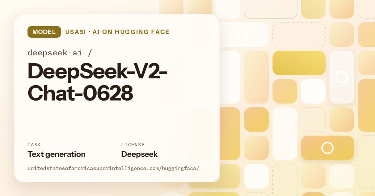Generated gold tile-mosaic artwork for the model deepseek-ai/DeepSeek-V2-Chat-0628, labeled USASI · AI on Hugging Face, with Task: Text generation · License: Deepseek.