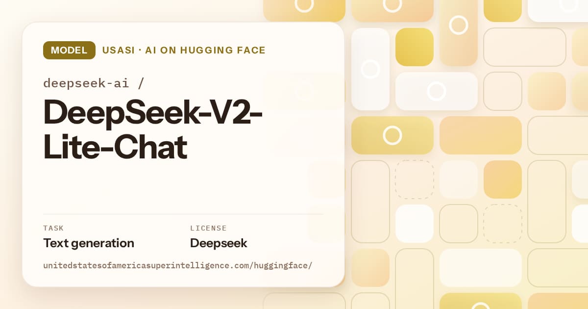 Generated gold tile-mosaic artwork for the model deepseek-ai/DeepSeek-V2-Lite-Chat, labeled USASI · AI on Hugging Face, with Task: Text generation · License: Deepseek.