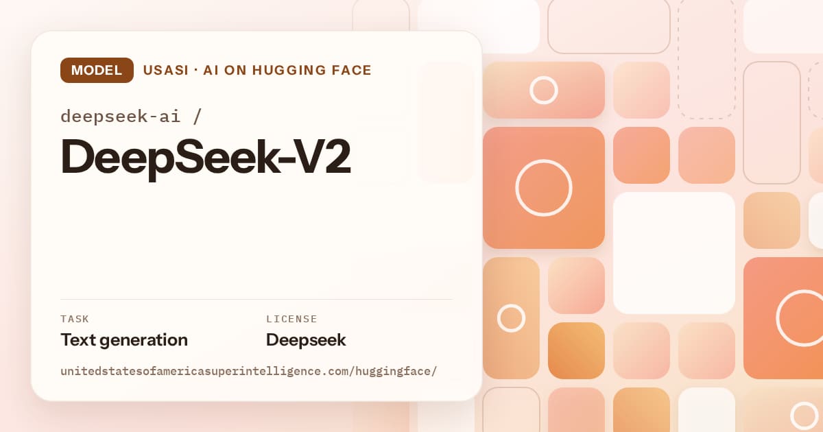 Generated orange tile-mosaic artwork for the model deepseek-ai/DeepSeek-V2, labeled USASI · AI on Hugging Face, with Task: Text generation · License: Deepseek.