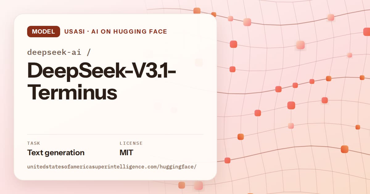 Generated tangerine wave-lattice artwork for the model deepseek-ai/DeepSeek-V3.1-Terminus, labeled USASI · AI on Hugging Face, with Task: Text generation · License: MIT.