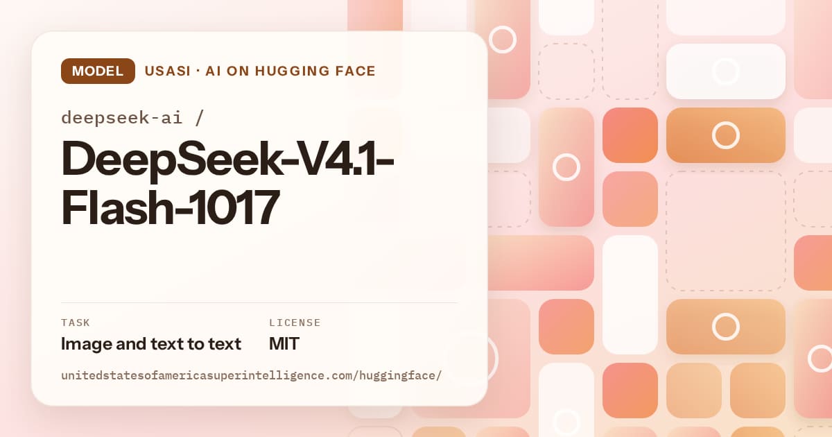 Generated orange tile-mosaic artwork for the model deepseek-ai/DeepSeek-V4.1-Flash-1017, labeled USASI · AI on Hugging Face, with Task: Image and text to text · License: MIT.