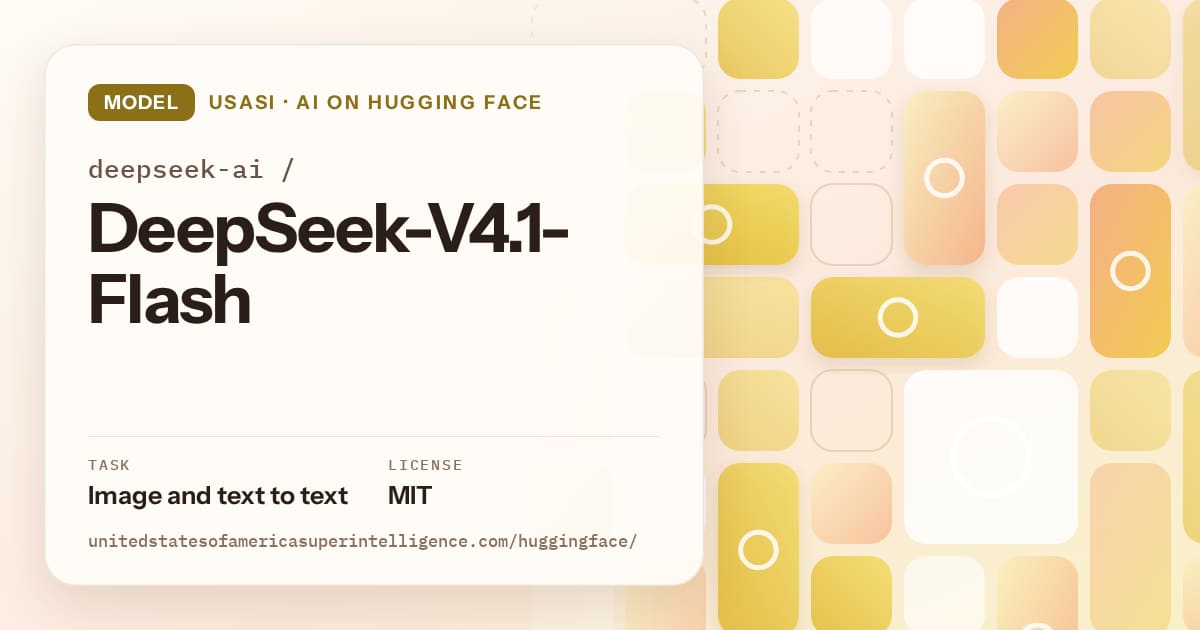 Generated gold tile-mosaic artwork for the model deepseek-ai/DeepSeek-V4.1-Flash, labeled USASI · AI on Hugging Face, with Task: Image and text to text · License: MIT.