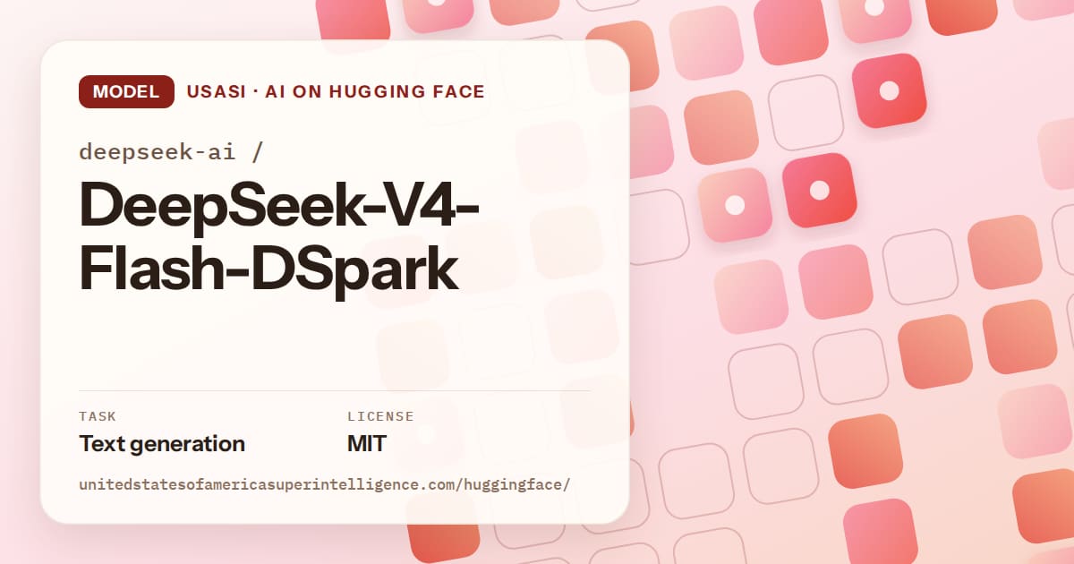 Generated coral rounded-tile grid artwork for the model deepseek-ai/DeepSeek-V4-Flash-DSpark, labeled USASI · AI on Hugging Face, with Task: Text generation · License: MIT.