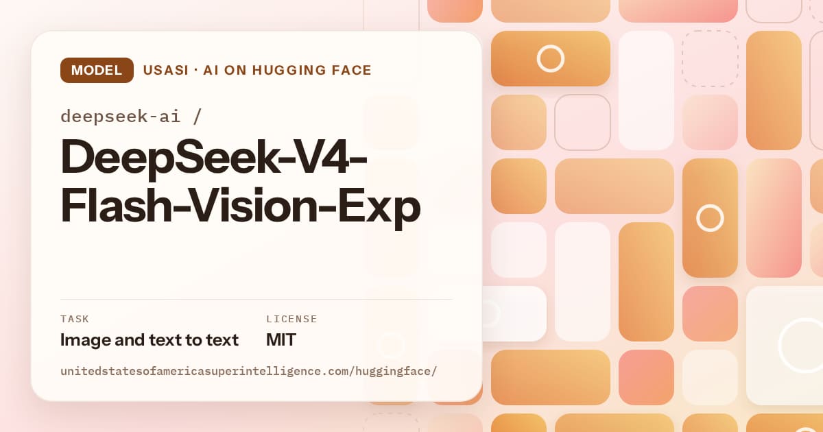 Generated orange tile-mosaic artwork for the model deepseek-ai/DeepSeek-V4-Flash-Vision-Exp, labeled USASI · AI on Hugging Face, with Task: Image and text to text · License: MIT.