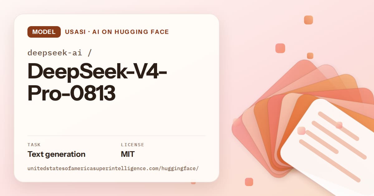 Generated tangerine layered-card artwork for the model deepseek-ai/DeepSeek-V4-Pro-0813, labeled USASI · AI on Hugging Face, with Task: Text generation · License: MIT.