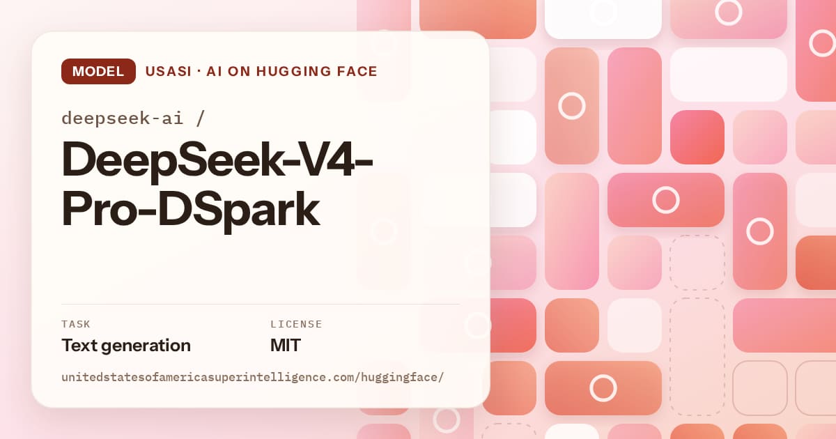 Generated coral tile-mosaic artwork for the model deepseek-ai/DeepSeek-V4-Pro-DSpark, labeled USASI · AI on Hugging Face, with Task: Text generation · License: MIT.