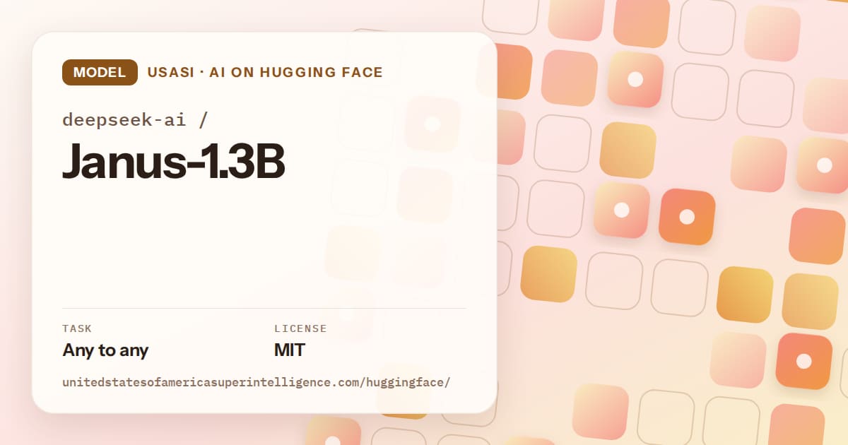 Generated orange rounded-tile grid artwork for the model deepseek-ai/Janus-1.3B, labeled USASI · AI on Hugging Face, with Task: Any to any · License: MIT.