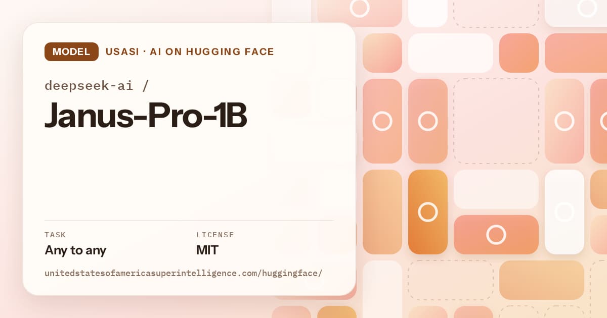 Generated orange tile-mosaic artwork for the model deepseek-ai/Janus-Pro-1B, labeled USASI · AI on Hugging Face, with Task: Any to any · License: MIT.