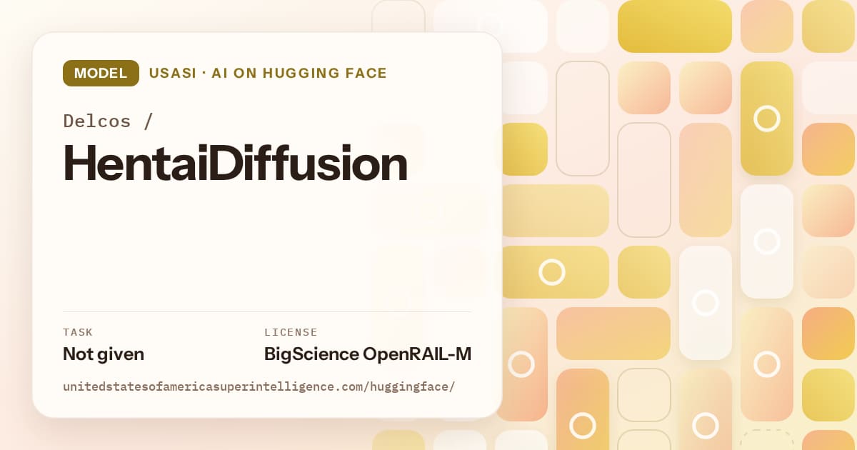 Generated gold tile-mosaic artwork for the model Delcos/HentaiDiffusion, labeled USASI · AI on Hugging Face, with Task: Not given · License: BigScience OpenRAIL-M.