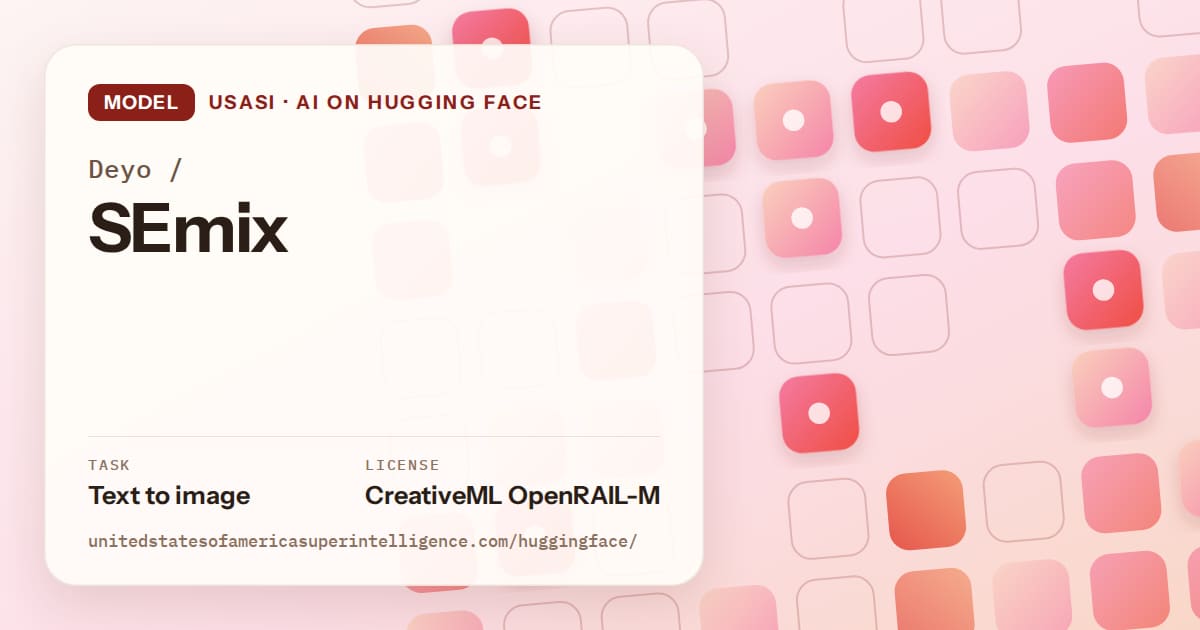 Generated coral rounded-tile grid artwork for the model Deyo/SEmix, labeled USASI · AI on Hugging Face, with Task: Text to image · License: CreativeML OpenRAIL-M.