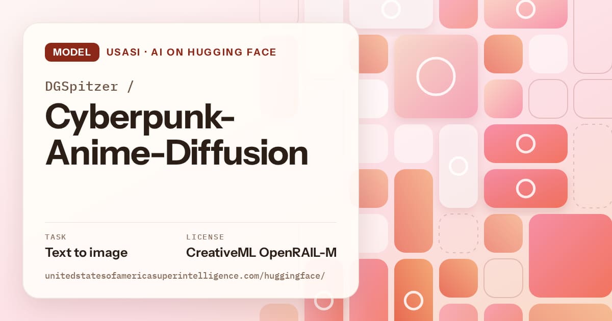Generated coral tile-mosaic artwork for the model DGSpitzer/Cyberpunk-Anime-Diffusion, labeled USASI · AI on Hugging Face, with Task: Text to image · License: CreativeML OpenRAIL-M.