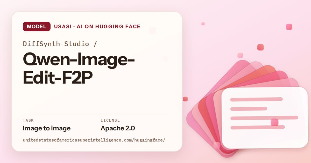 Generated coral layered-card artwork for the model DiffSynth-Studio/Qwen-Image-Edit-F2P, labeled USASI · AI on Hugging Face, with Task: Image to image · License: Apache 2.0.