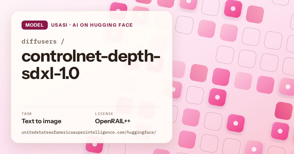 Generated rose rounded-tile grid artwork for the model diffusers/controlnet-depth-sdxl-1.0, labeled USASI · AI on Hugging Face, with Task: Text to image · License: OpenRAIL++.