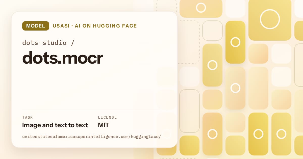 Generated gold tile-mosaic artwork for the model dots-studio/dots.mocr, labeled USASI · AI on Hugging Face, with Task: Image and text to text · License: MIT.