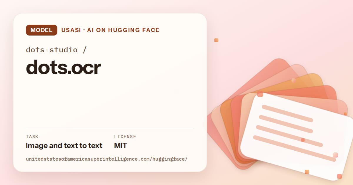 Generated tangerine layered-card artwork for the model dots-studio/dots.ocr, labeled USASI · AI on Hugging Face, with Task: Image and text to text · License: MIT.