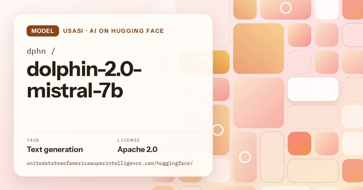 Generated orange tile-mosaic artwork for the model dphn/dolphin-2.0-mistral-7b, labeled USASI · AI on Hugging Face, with Task: Text generation · License: Apache 2.0.
