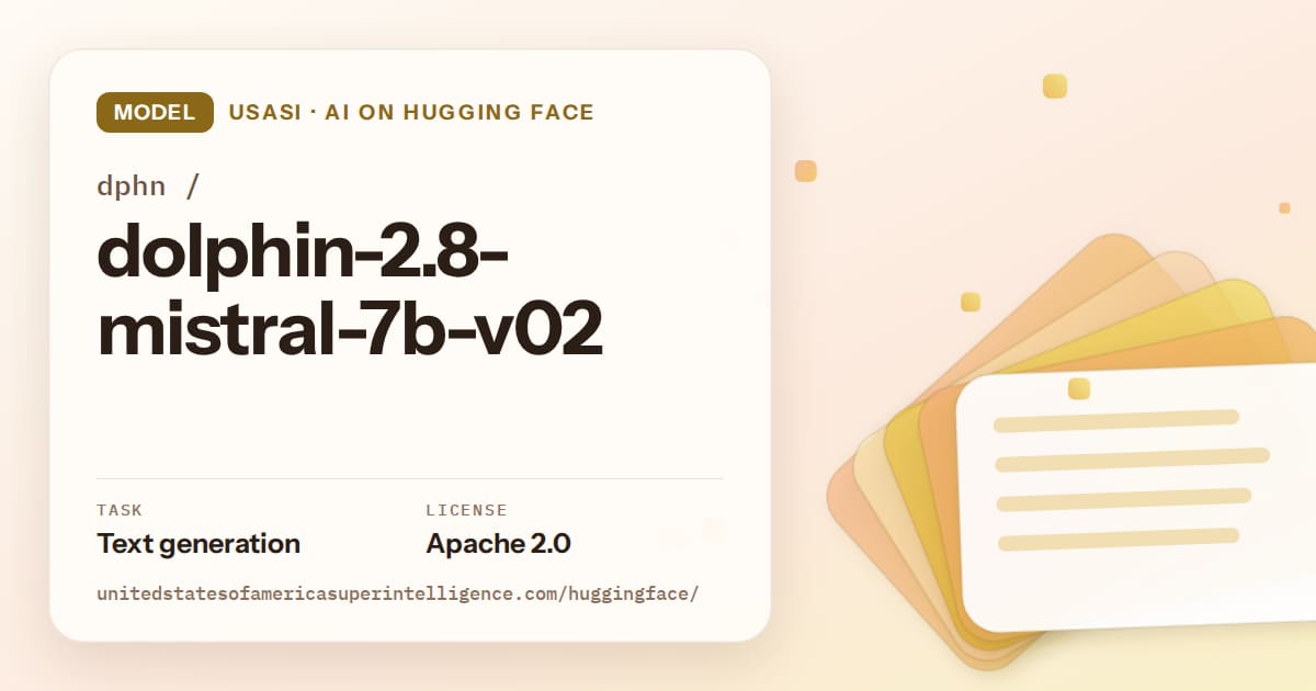 Generated amber layered-card artwork for the model dphn/dolphin-2.8-mistral-7b-v02, labeled USASI · AI on Hugging Face, with Task: Text generation · License: Apache 2.0.
