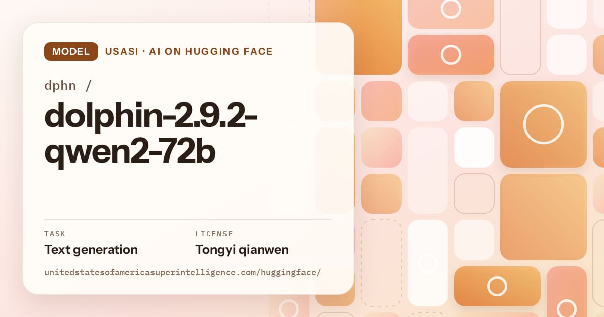 Generated orange tile-mosaic artwork for the model dphn/dolphin-2.9.2-qwen2-72b, labeled USASI · AI on Hugging Face, with Task: Text generation · License: Tongyi qianwen.