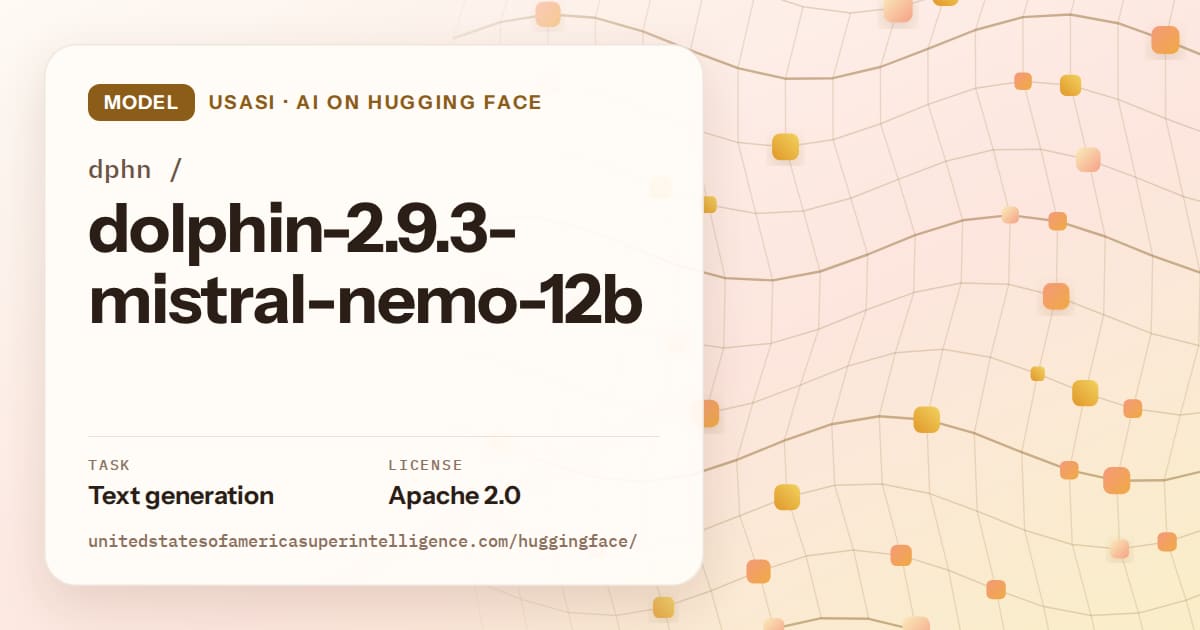 Generated amber wave-lattice artwork for the model dphn/dolphin-2.9.3-mistral-nemo-12b, labeled USASI · AI on Hugging Face, with Task: Text generation · License: Apache 2.0.