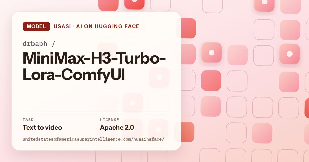 Generated coral rounded-tile grid artwork for the model drbaph/MiniMax-H3-Turbo-Lora-ComfyUI, labeled USASI · AI on Hugging Face, with Task: Text to video · License: Apache 2.0.