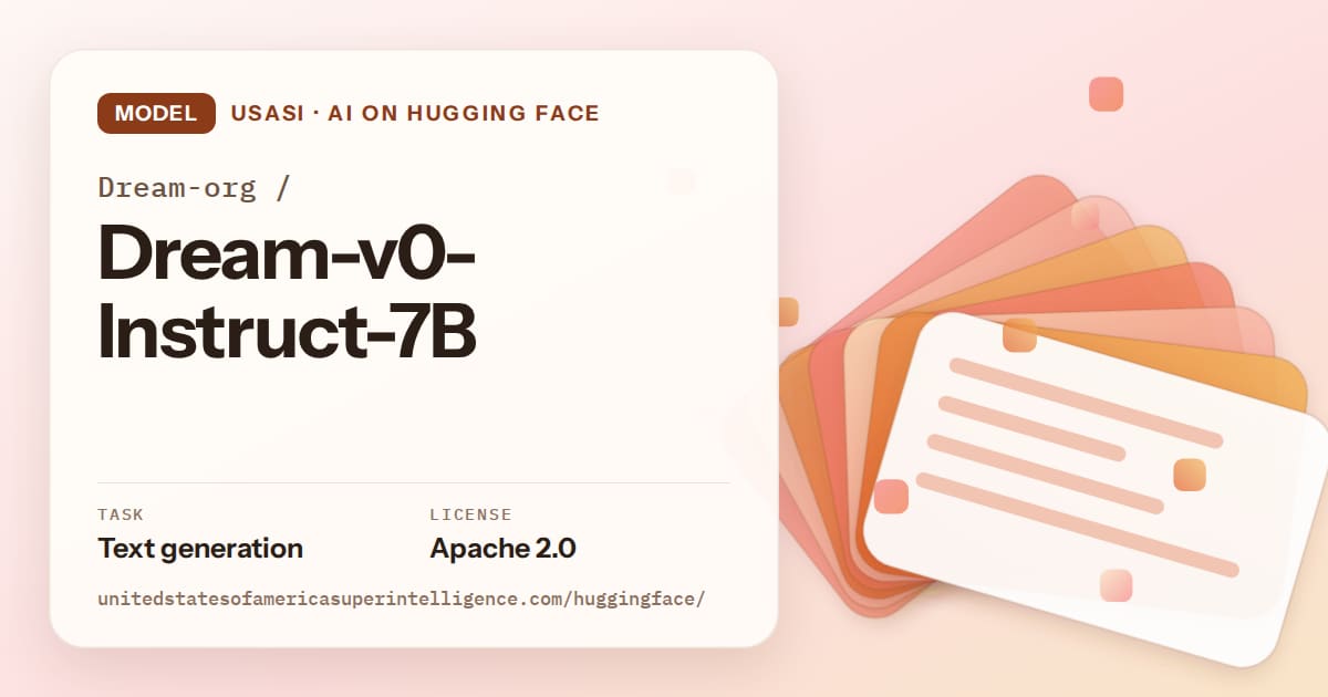Generated tangerine layered-card artwork for the model Dream-org/Dream-v0-Instruct-7B, labeled USASI · AI on Hugging Face, with Task: Text generation · License: Apache 2.0.