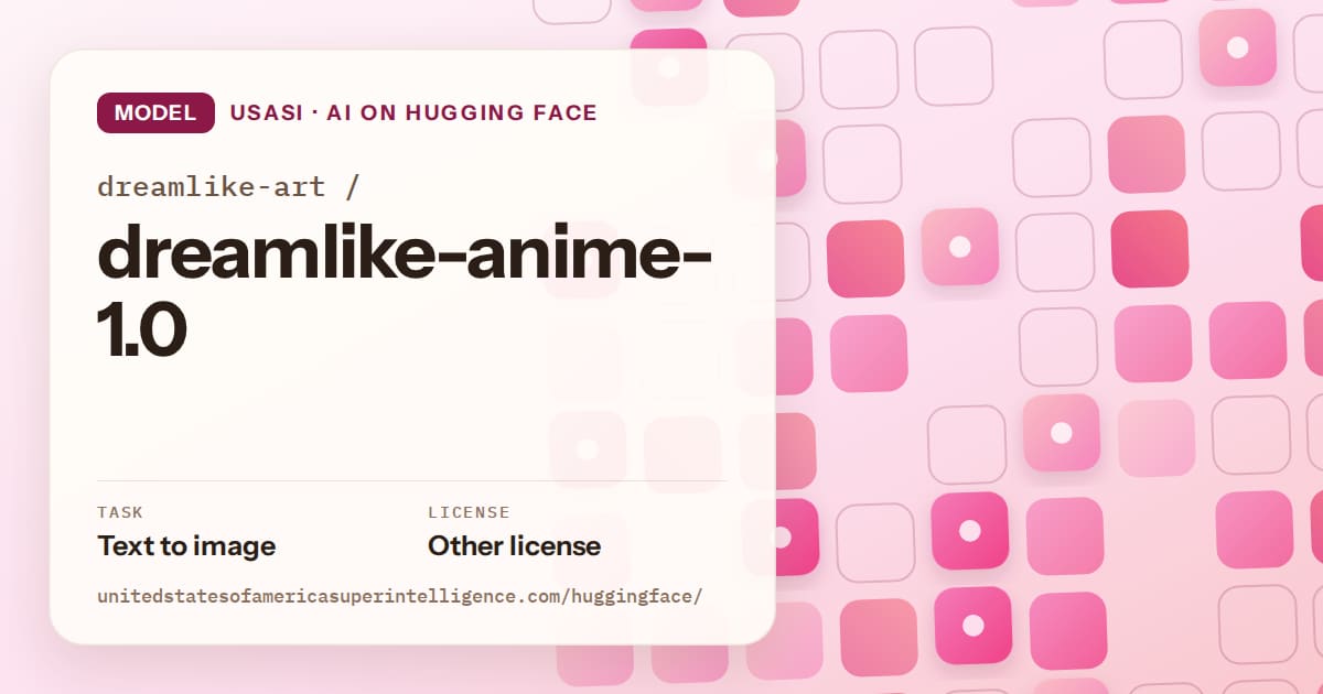 Generated rose rounded-tile grid artwork for the model dreamlike-art/dreamlike-anime-1.0, labeled USASI · AI on Hugging Face, with Task: Text to image · License: Other license.