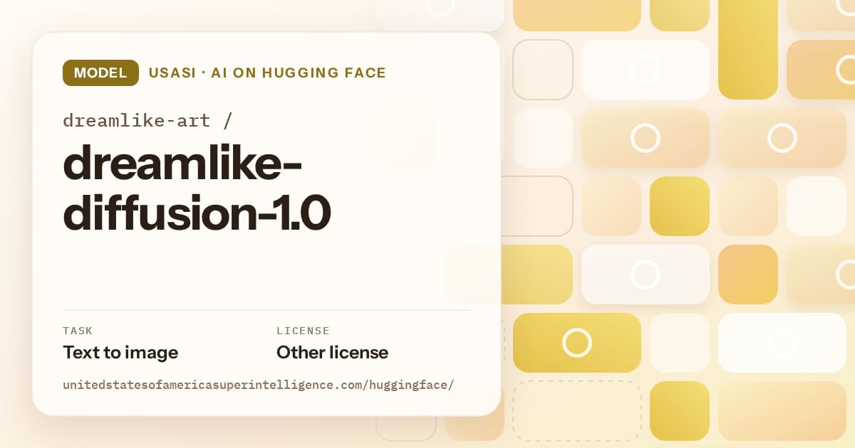 Generated gold tile-mosaic artwork for the model dreamlike-art/dreamlike-diffusion-1.0, labeled USASI · AI on Hugging Face, with Task: Text to image · License: Other license.