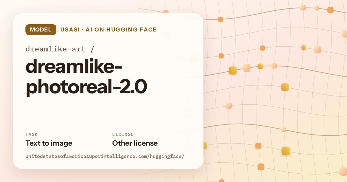 Generated amber wave-lattice artwork for the model dreamlike-art/dreamlike-photoreal-2.0, labeled USASI · AI on Hugging Face, with Task: Text to image · License: Other license.
