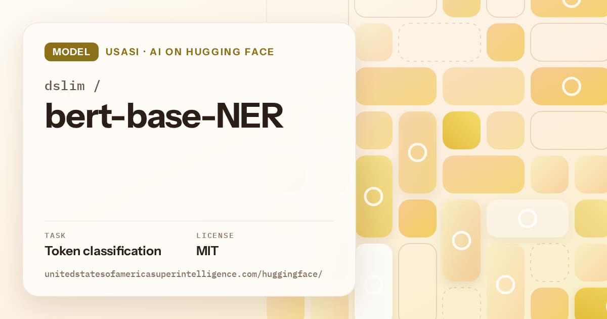 Generated gold tile-mosaic artwork for the model dslim/bert-base-NER, labeled USASI · AI on Hugging Face, with Task: Token classification · License: MIT.