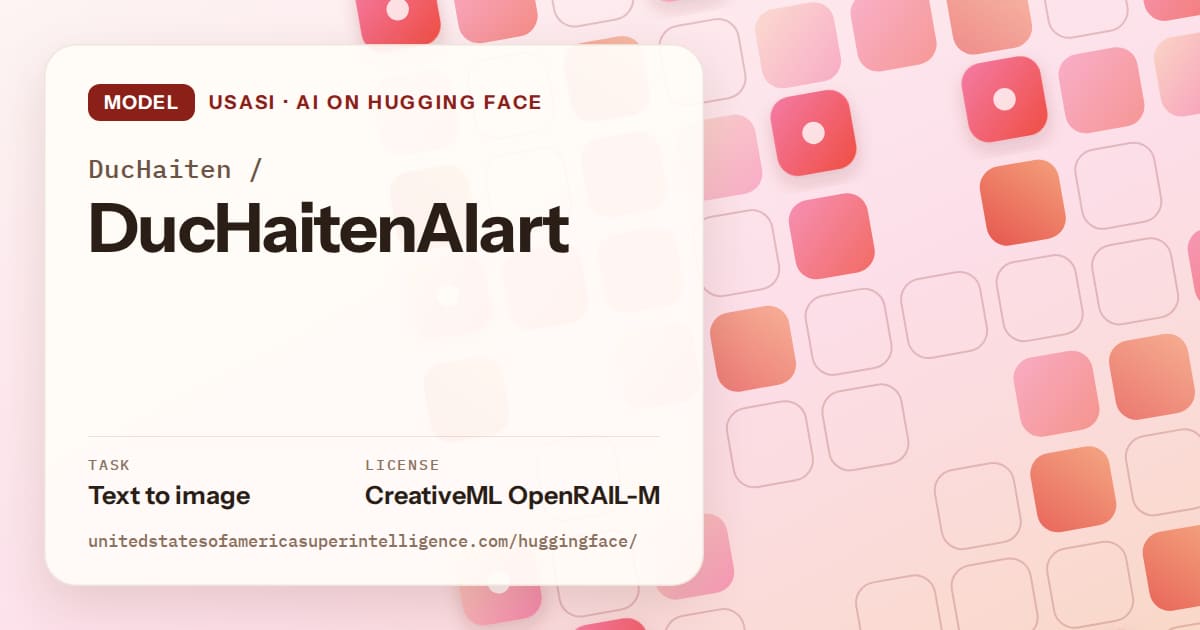 Generated coral rounded-tile grid artwork for the model DucHaiten/DucHaitenAIart, labeled USASI · AI on Hugging Face, with Task: Text to image · License: CreativeML OpenRAIL-M.