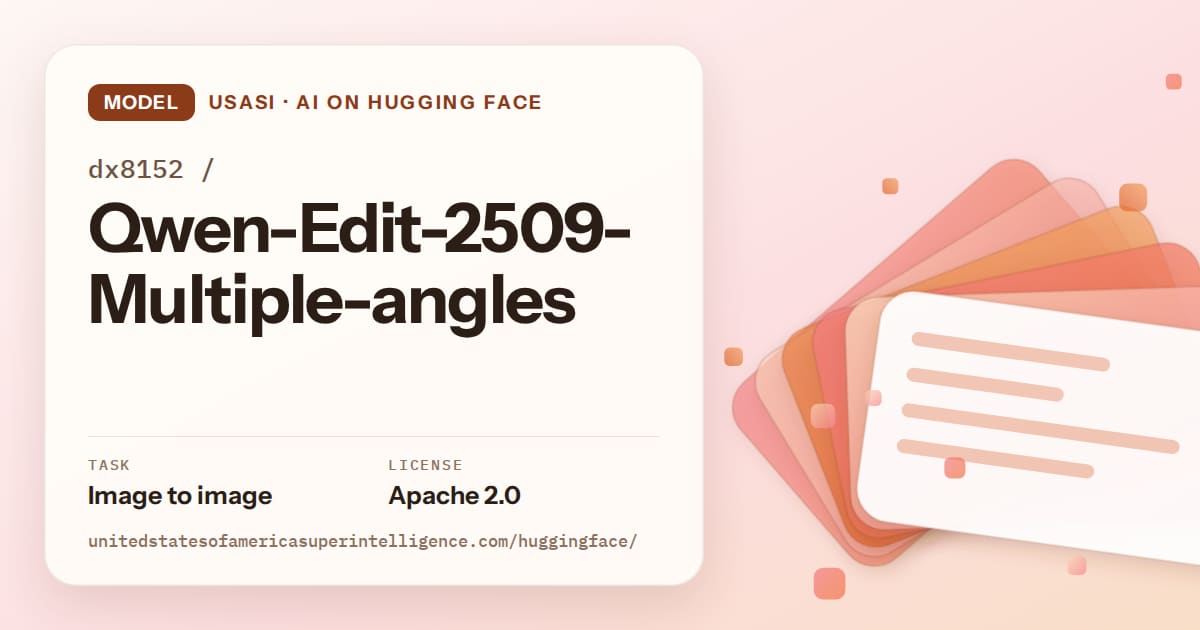 Generated tangerine layered-card artwork for the model dx8152/Qwen-Edit-2509-Multiple-angles, labeled USASI · AI on Hugging Face, with Task: Image to image · License: Apache 2.0.
