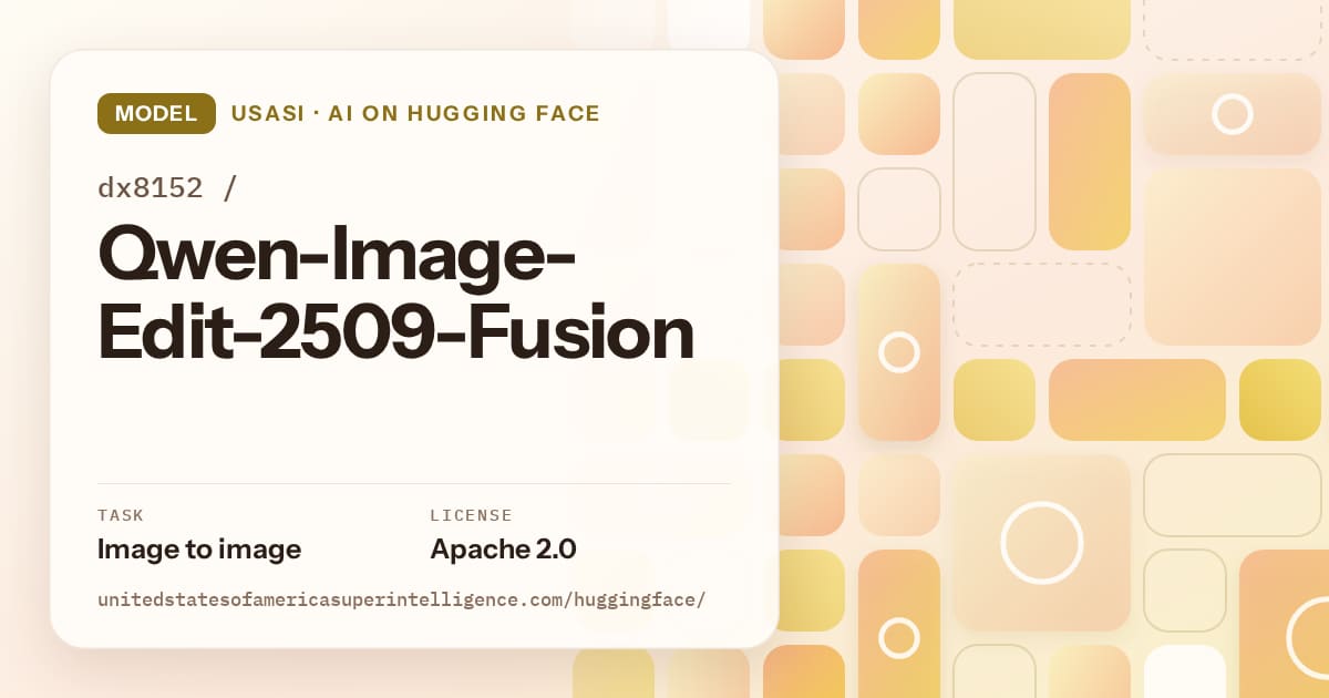 Generated gold tile-mosaic artwork for the model dx8152/Qwen-Image-Edit-2509-Fusion, labeled USASI · AI on Hugging Face, with Task: Image to image · License: Apache 2.0.