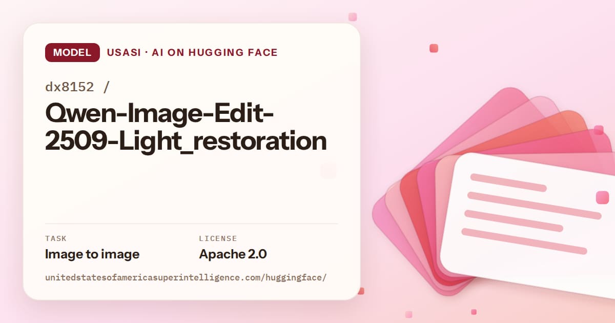 Generated coral layered-card artwork for the model dx8152/Qwen-Image-Edit-2509-Light_restoration, labeled USASI · AI on Hugging Face, with Task: Image to image · License: Apache 2.0.