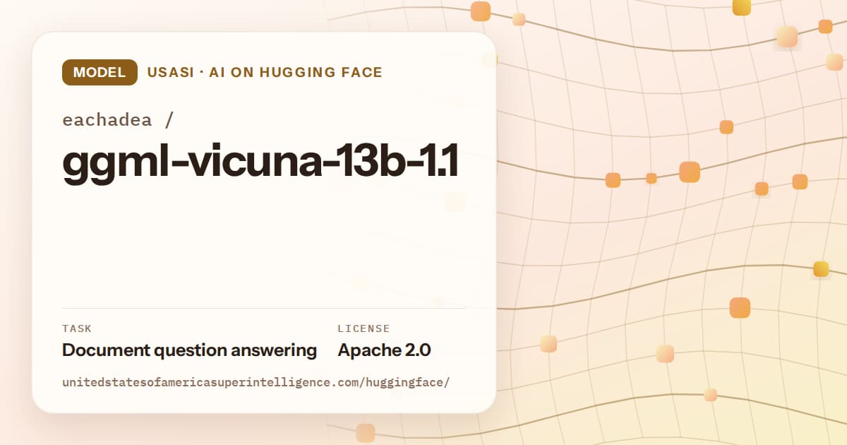 Generated amber wave-lattice artwork for the model eachadea/ggml-vicuna-13b-1.1, labeled USASI · AI on Hugging Face, with Task: Document question answering · License: Apache 2.0.